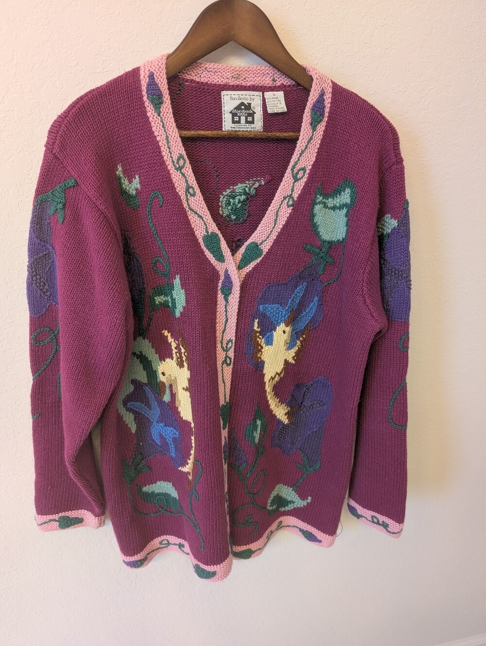 Vtg Handknits by Storybook Knit Sweater Hummingbird Print Cottagecore L